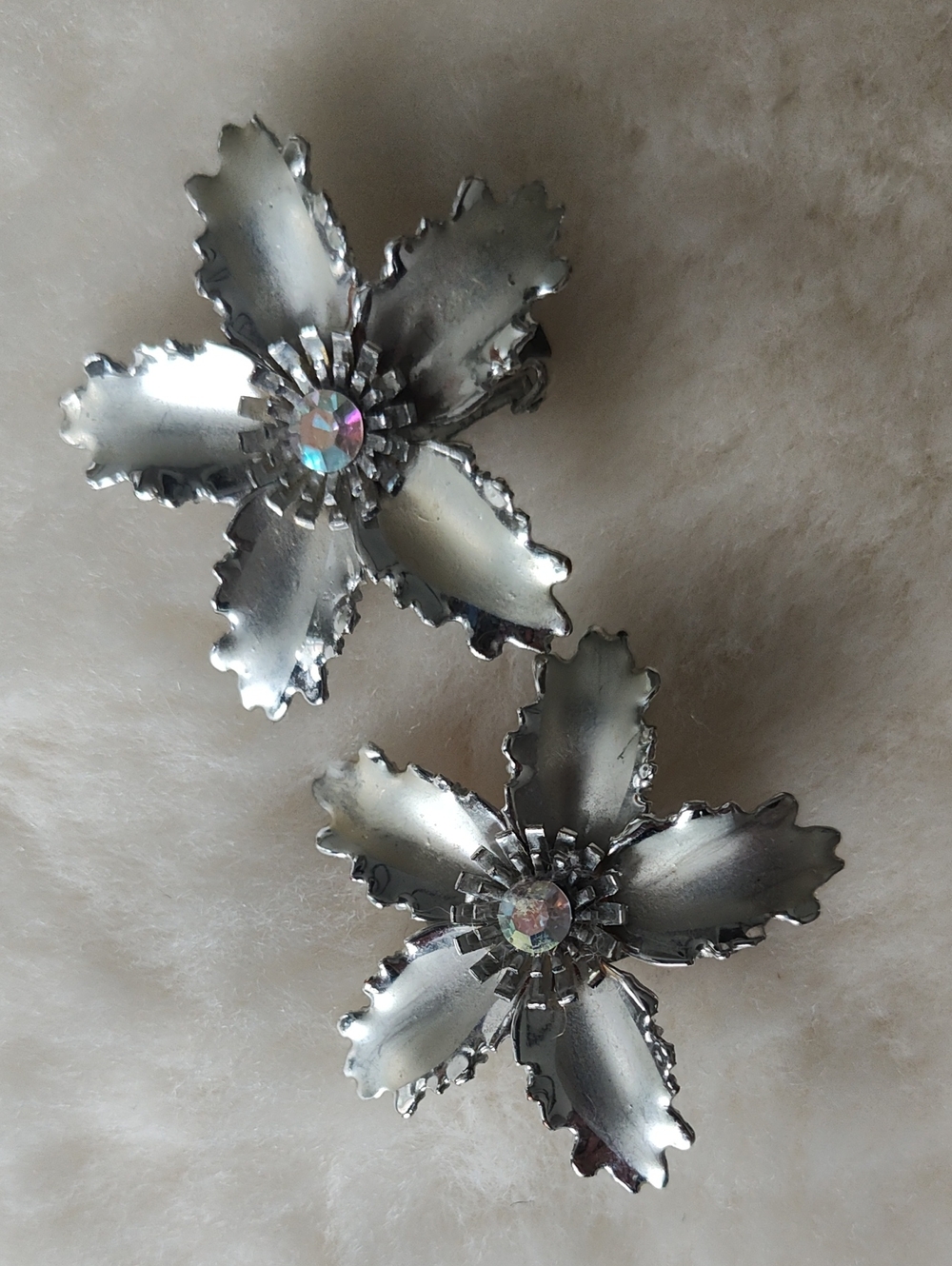 Vintage Silver Toned Floral Clip Earrings with Aurora Crystal Iridescent Centers